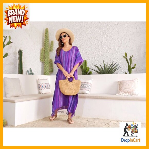 Stripe Caftan Maxi Dress Loungewear Kimono Style Plus Size Elegant Boho - Picture 7 of 7